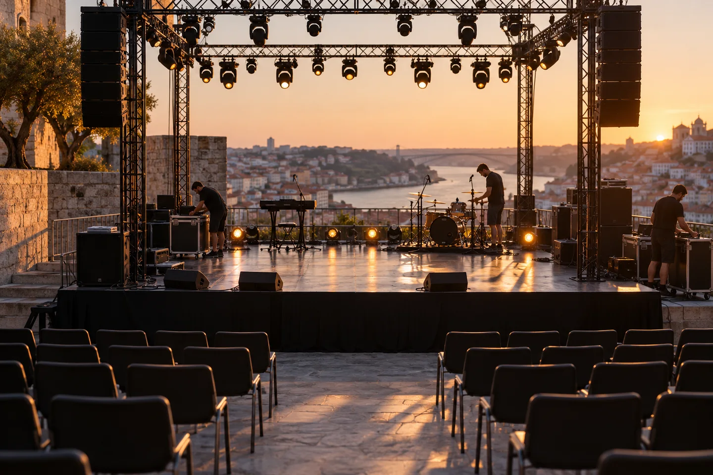 Estrutura de iluminação preparada para um evento Estrutura de iluminação preparada para um evento